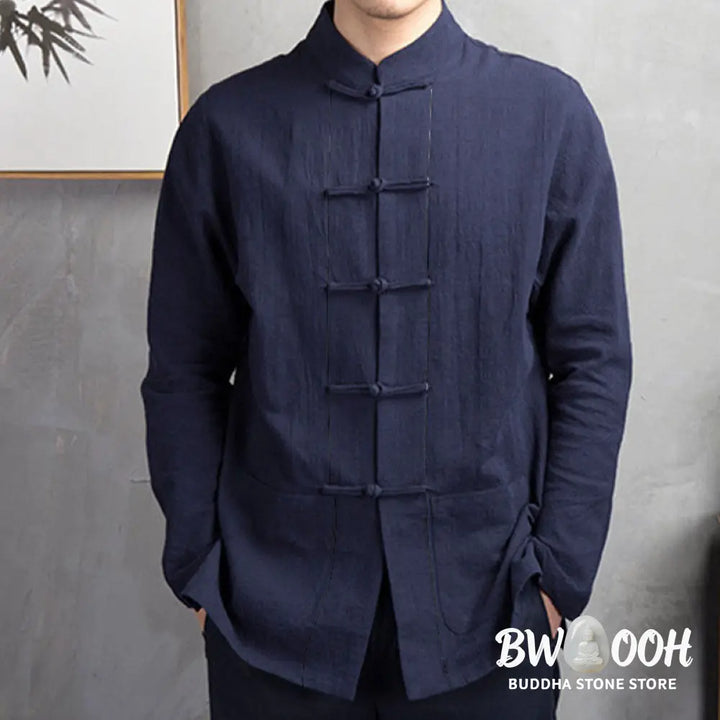 Buddha Stones Solid Color Casual Frog-button Men’s Shirt Clothing - Men’s Shirts