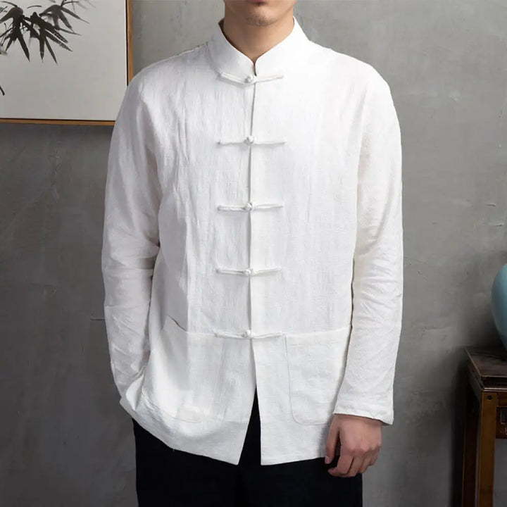Buddha Stones Solid Color Casual Frog-button Men’s Shirt Clothing - White / US/UK/AU32，EU42 (M) - Men’s Shirts