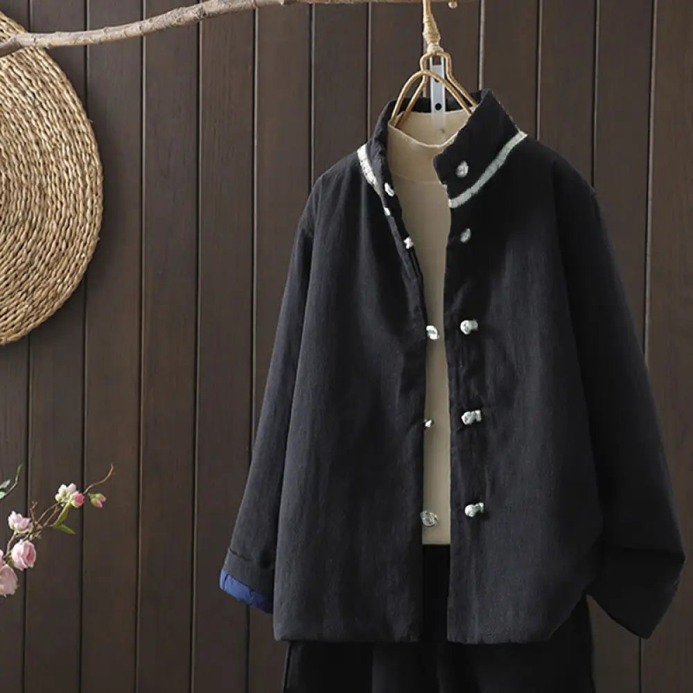 Buddha Stones Solid Color Casual Frog-button Turtleneck Cotton Linen Women’s Jacket Shirts Clothing - Black
