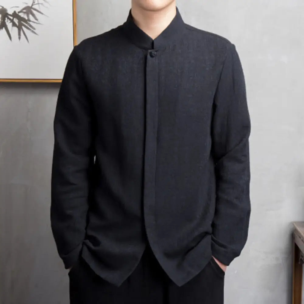 Buddha Stones Solid Color Chinese Tang Suit Jacket Men Clothing - Black / US/UK/AU32，EU42 (M) - Men’s Shirts