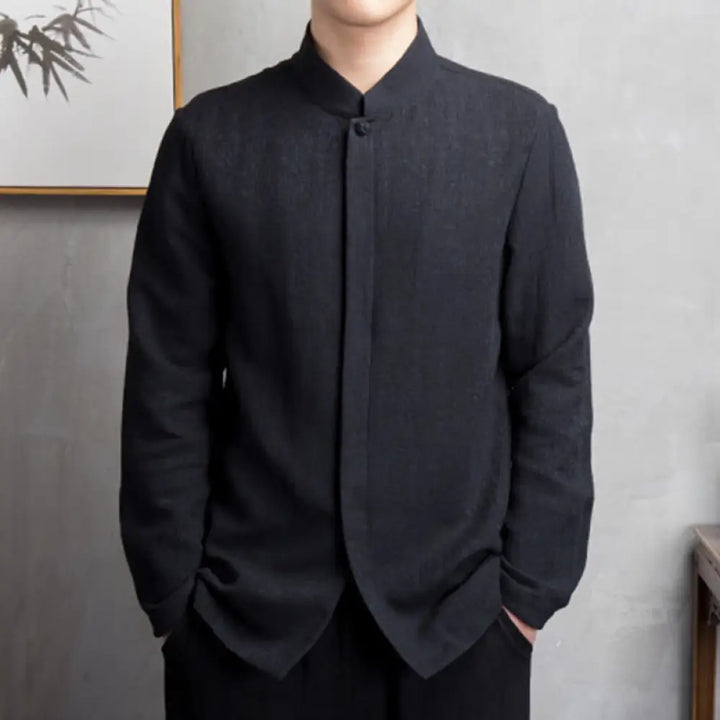 Buddha Stones Solid Color Chinese Tang Suit Jacket Men Clothing - Black / US/UK/AU32，EU42 (M) - Men’s Shirts