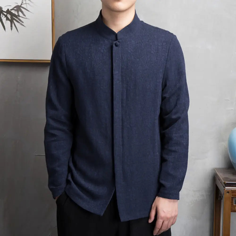 Buddha Stones Solid Color Chinese Tang Suit Jacket Men Clothing - Navy Blue / US/UK/AU32，EU42 (M) - Men’s Shirts