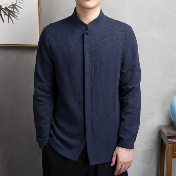 Buddha Stones Solid Color Chinese Tang Suit Jacket Men Clothing - Navy Blue / US/UK/AU32，EU42 (M) - Men’s Shirts