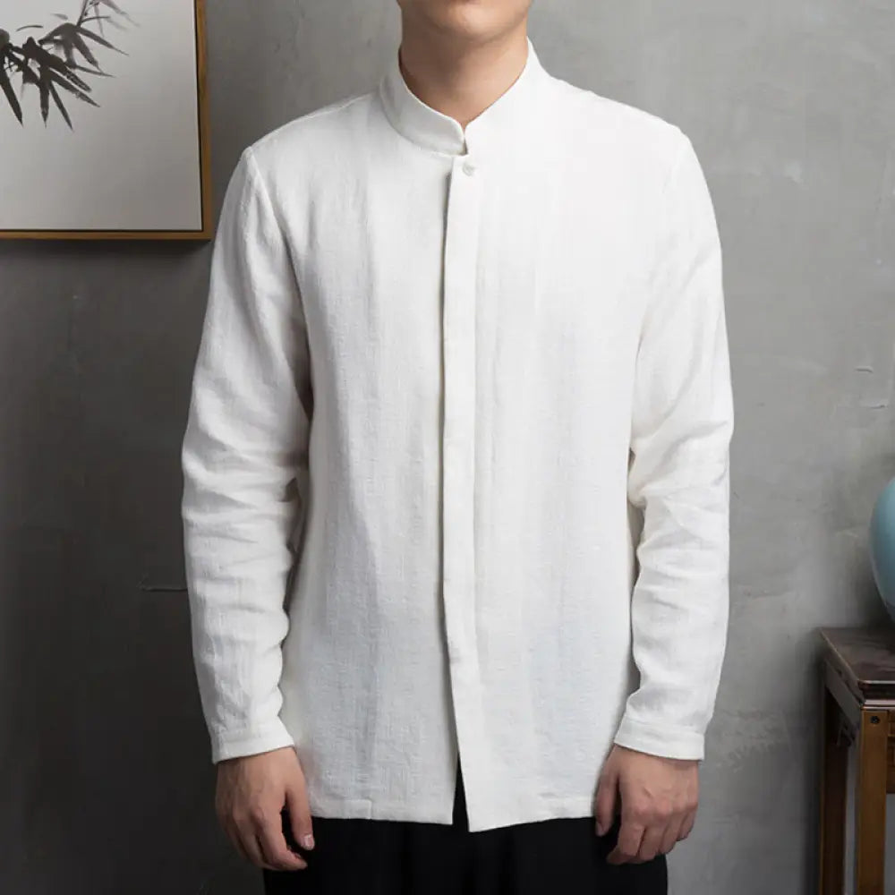 Buddha Stones Solid Color Chinese Tang Suit Jacket Men Clothing - White / US/UK/AU32，EU42 (M) - Men’s Shirts
