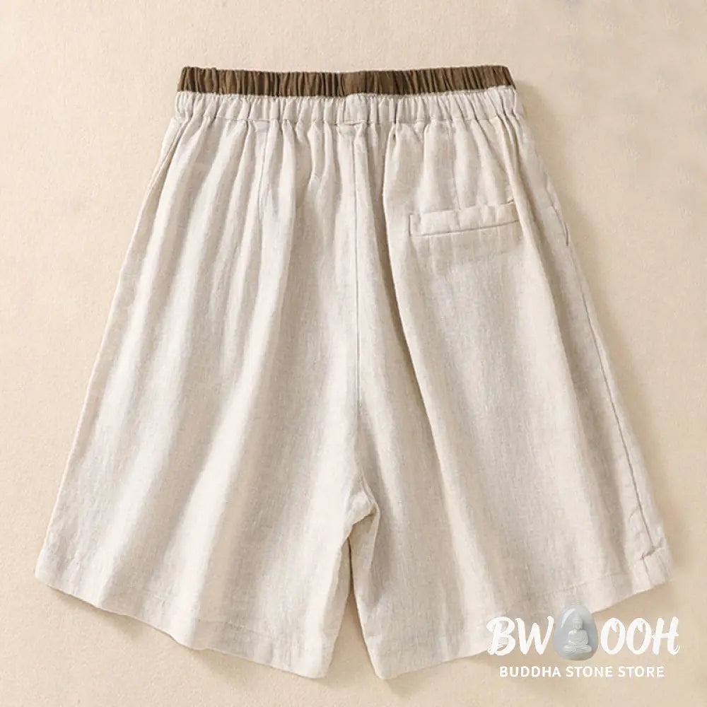 Buddha Stones Solid Color Contrast Color Waist Lace-up Cotton Linen Women’s Shorts With Pockets - Women’s Shorts