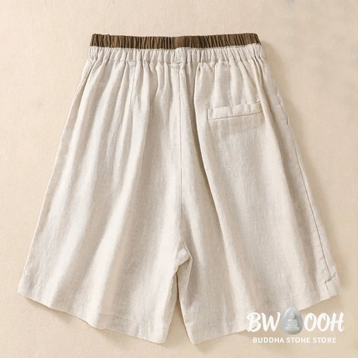 Buddha Stones Solid Color Contrast Color Waist Lace-up Cotton Linen Women’s Shorts With Pockets - Women’s Shorts