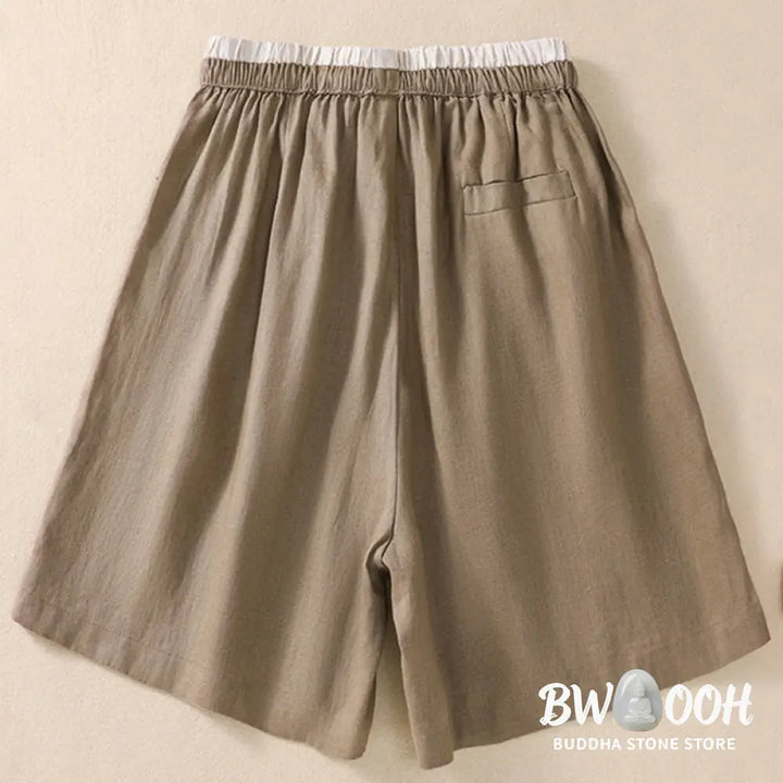 Buddha Stones Solid Color Contrast Color Waist Lace-up Cotton Linen Women’s Shorts With Pockets - Women’s Shorts