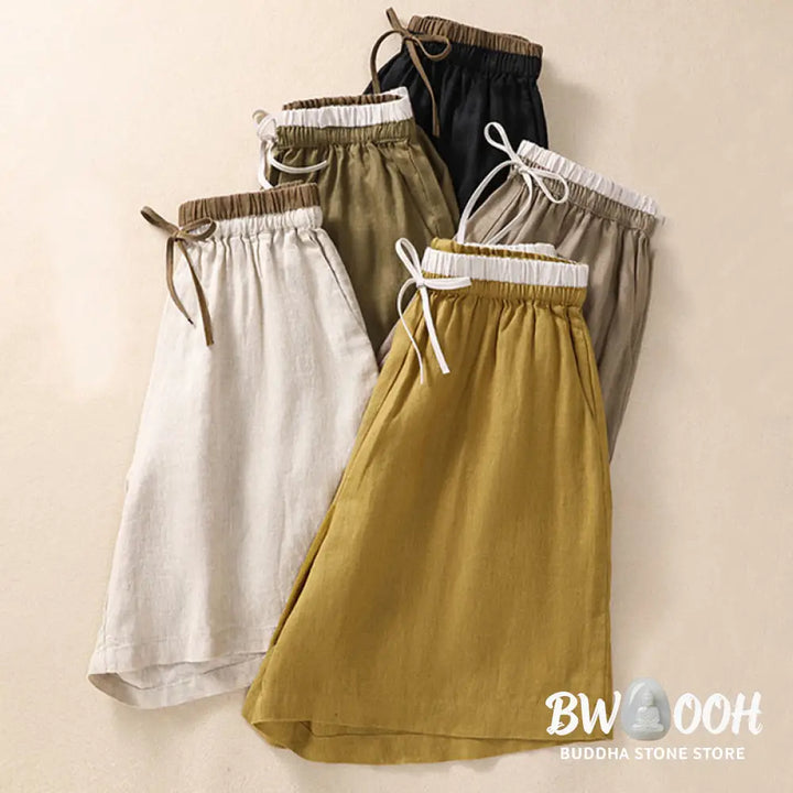 Buddha Stones Solid Color Contrast Color Waist Lace-up Cotton Linen Women’s Shorts With Pockets - Women’s Shorts