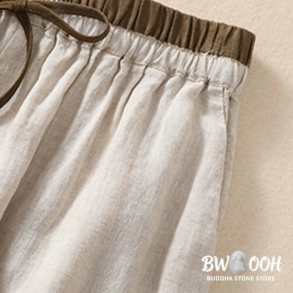 Buddha Stones Solid Color Contrast Color Waist Lace-up Cotton Linen Women’s Shorts With Pockets - Women’s Shorts