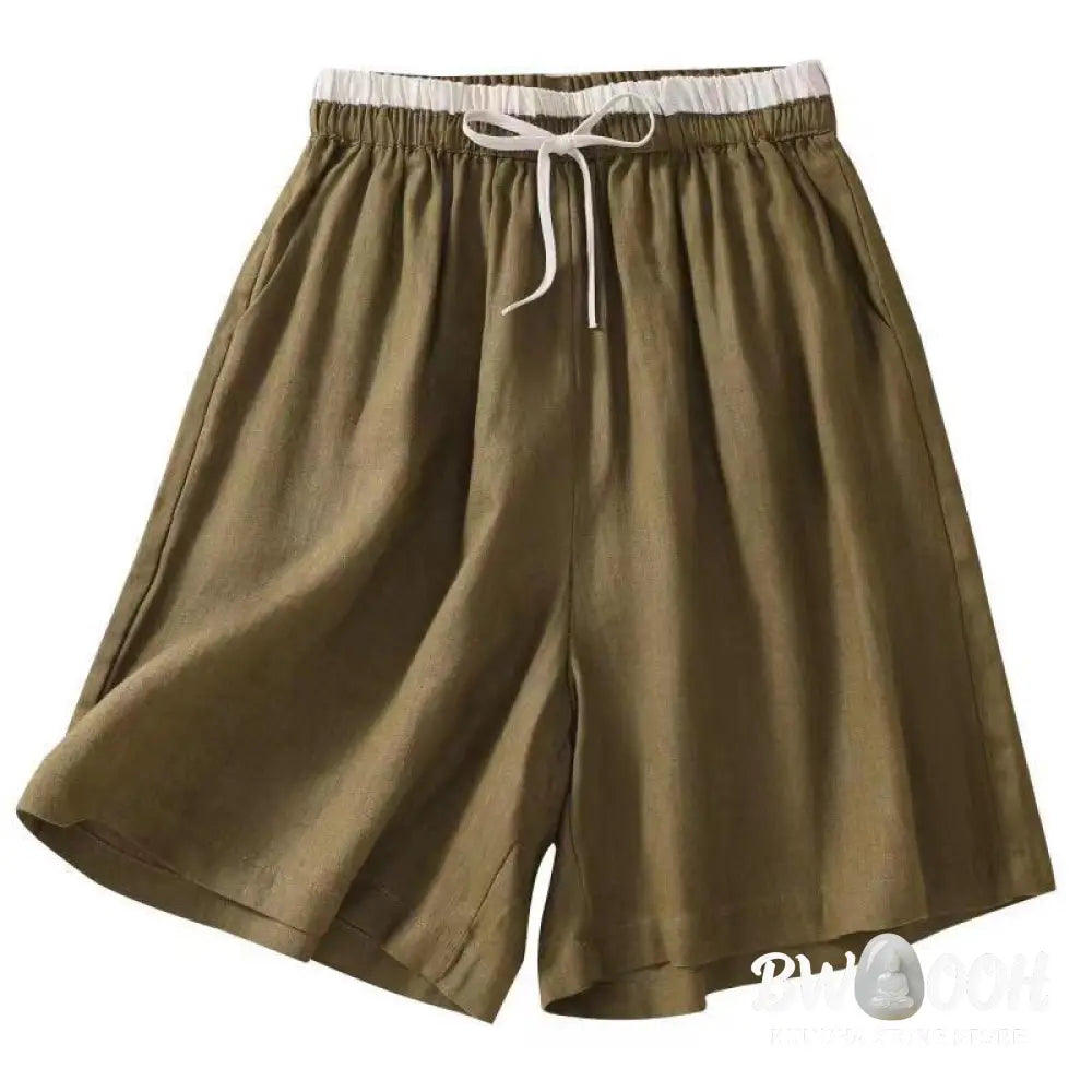 Buddha Stones Solid Color Contrast Color Waist Lace-up Cotton Linen Women’s Shorts With Pockets - Women’s Shorts