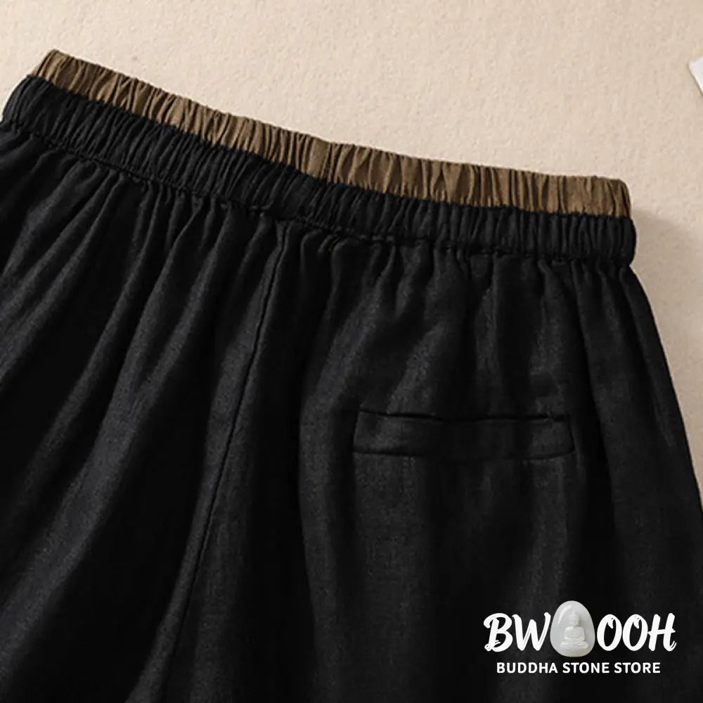 Buddha Stones Solid Color Contrast Color Waist Lace-up Cotton Linen Women’s Shorts With Pockets - Women’s Shorts