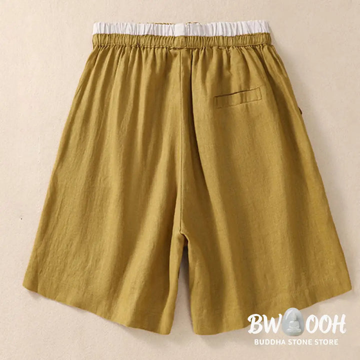 Buddha Stones Solid Color Contrast Color Waist Lace-up Cotton Linen Women’s Shorts With Pockets - Women’s Shorts