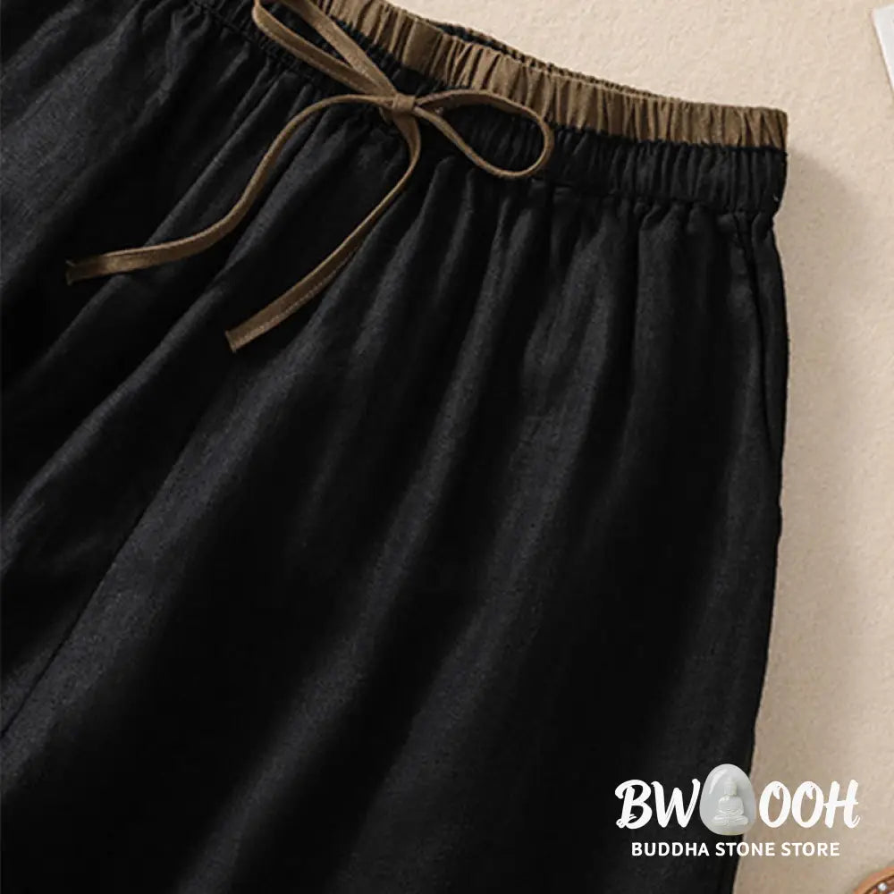 Buddha Stones Solid Color Contrast Color Waist Lace-up Cotton Linen Women’s Shorts With Pockets - Women’s Shorts