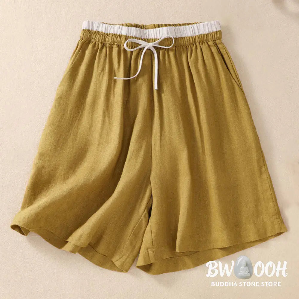 Buddha Stones Solid Color Contrast Color Waist Lace-up Cotton Linen Women’s Shorts With Pockets - Women’s Shorts