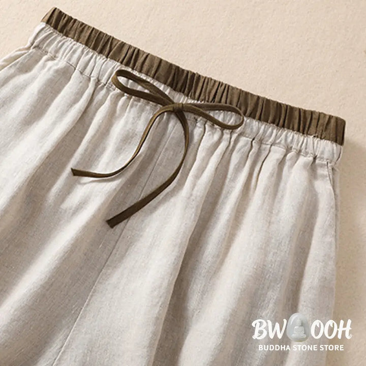 Buddha Stones Solid Color Contrast Color Waist Lace-up Cotton Linen Women’s Shorts With Pockets - Women’s Shorts