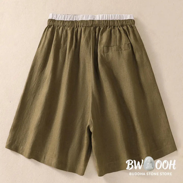 Buddha Stones Solid Color Contrast Color Waist Lace-up Cotton Linen Women’s Shorts With Pockets - Women’s Shorts