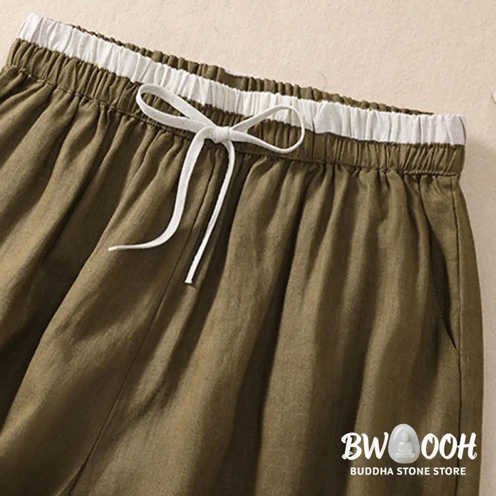 Buddha Stones Solid Color Contrast Color Waist Lace-up Cotton Linen Women’s Shorts With Pockets - Women’s Shorts