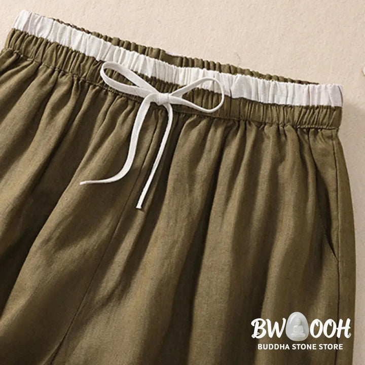 Buddha Stones Solid Color Contrast Color Waist Lace-up Cotton Linen Women’s Shorts With Pockets - Women’s Shorts