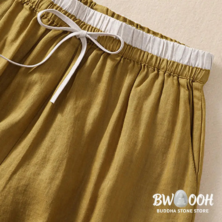 Buddha Stones Solid Color Contrast Color Waist Lace-up Cotton Linen Women’s Shorts With Pockets - Women’s Shorts