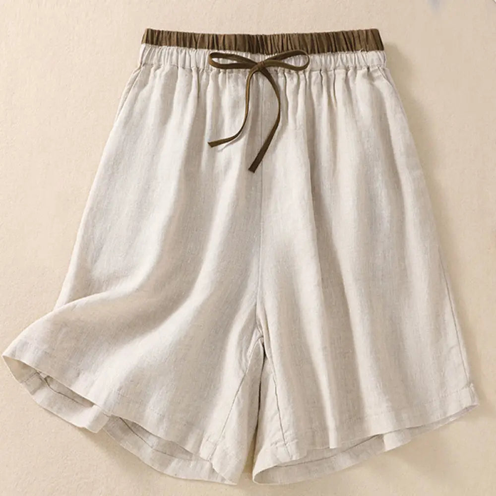 Buddha Stones Solid Color Contrast Color Waist Lace-up Cotton Linen Women’s Shorts With Pockets - Beige