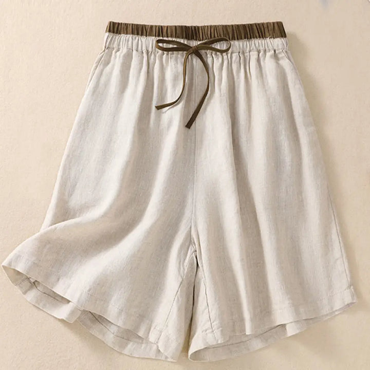 Buddha Stones Solid Color Contrast Color Waist Lace-up Cotton Linen Women’s Shorts With Pockets - Beige
