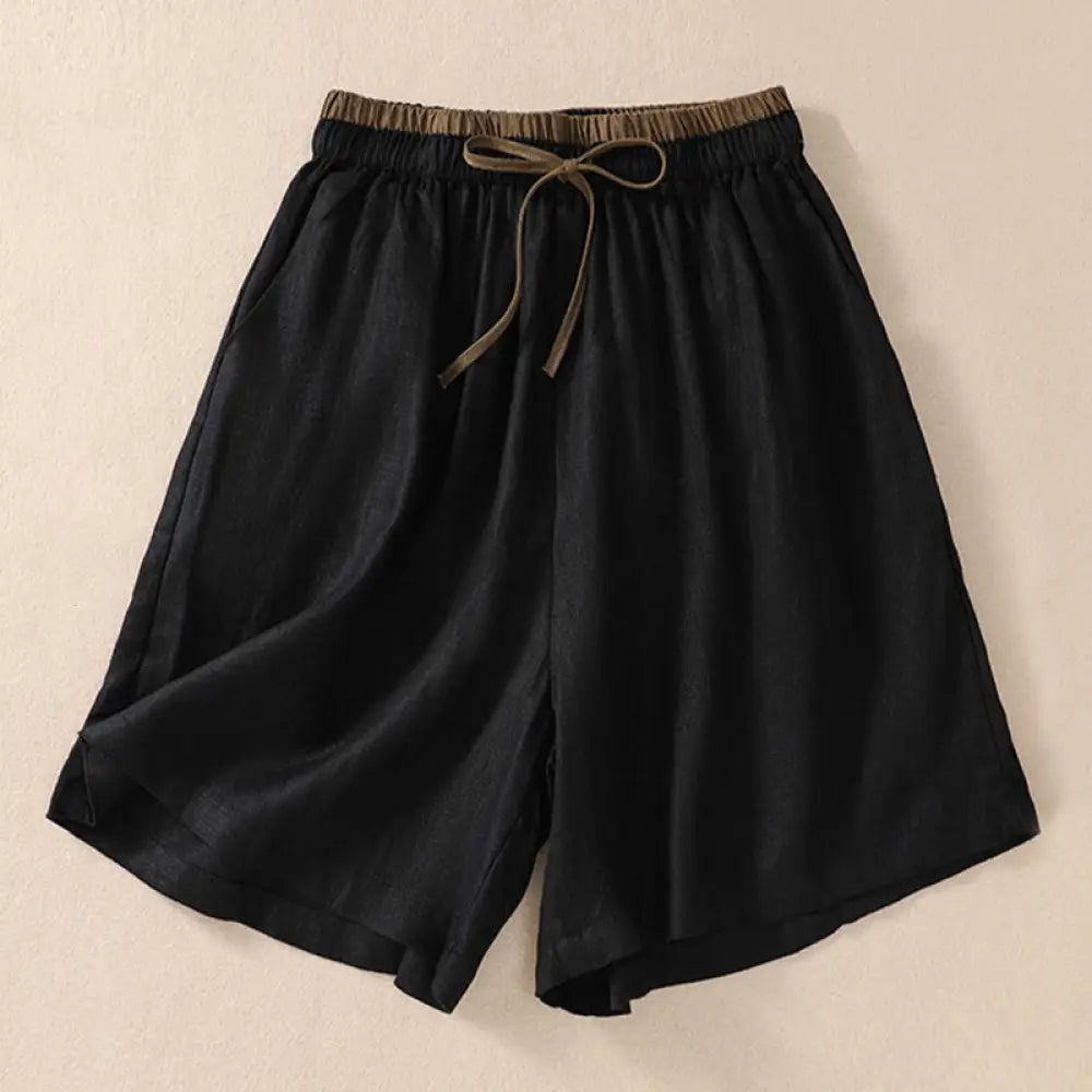 Buddha Stones Solid Color Contrast Color Waist Lace-up Cotton Linen Women’s Shorts With Pockets - Black