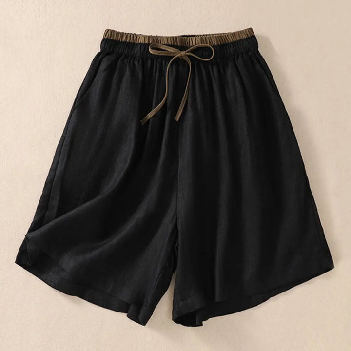 Buddha Stones Solid Color Contrast Color Waist Lace-up Cotton Linen Women’s Shorts With Pockets - Black