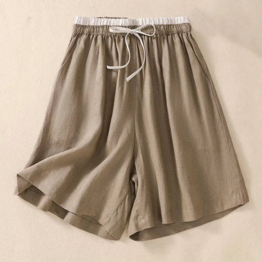 Buddha Stones Solid Color Contrast Color Waist Lace-up Cotton Linen Women’s Shorts With Pockets - DarkKhaki