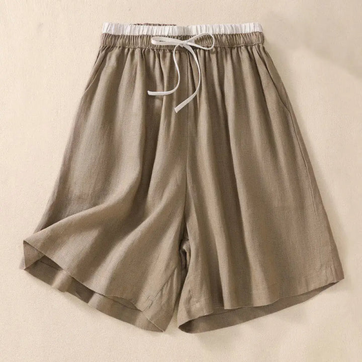 Buddha Stones Solid Color Contrast Color Waist Lace-up Cotton Linen Women’s Shorts With Pockets - DarkKhaki