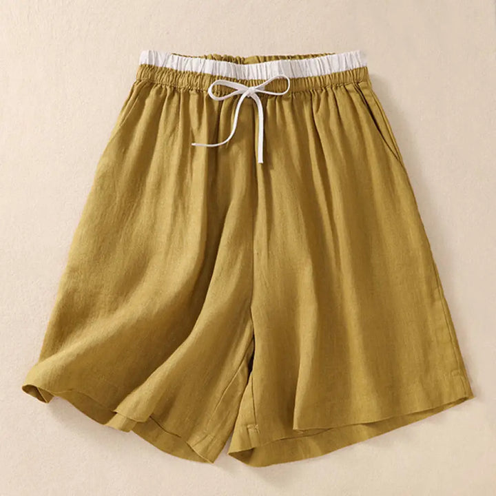 Buddha Stones Solid Color Contrast Color Waist Lace-up Cotton Linen Women’s Shorts With Pockets - Gold