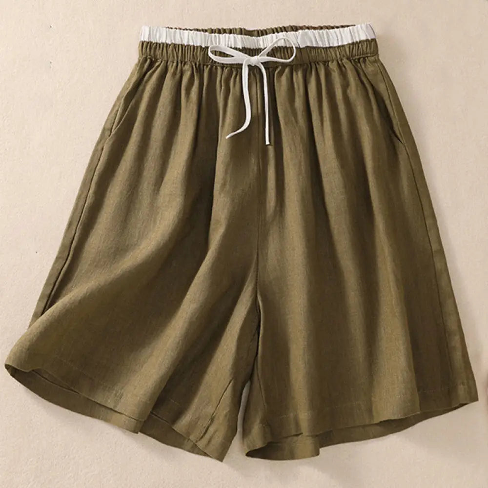 Buddha Stones Solid Color Contrast Color Waist Lace-up Cotton Linen Women’s Shorts With Pockets - Olive
