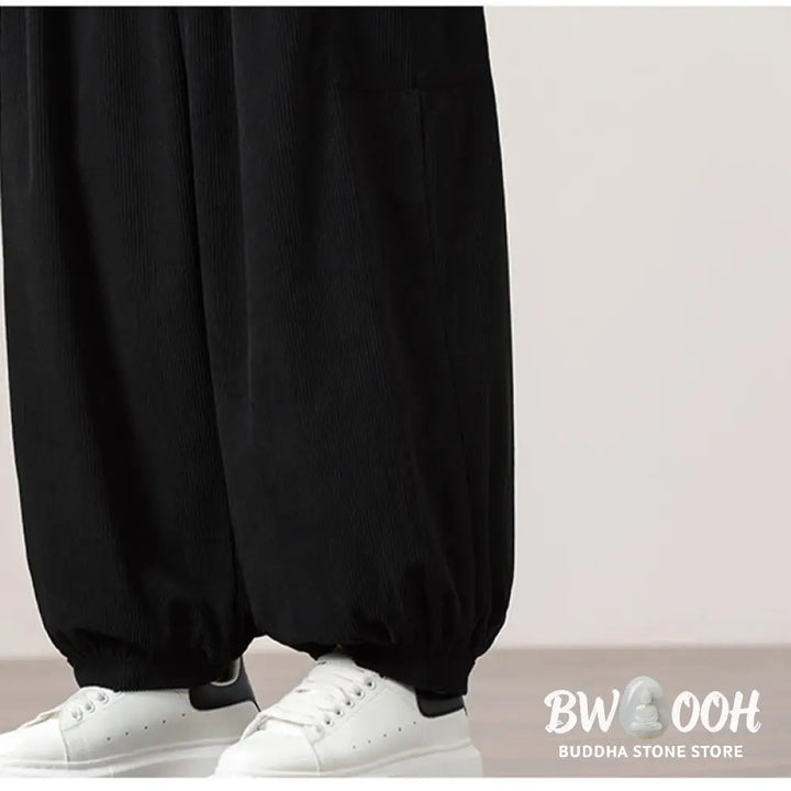 Buddha Stones Solid Color Corduroy Drawstring Men’s Harem Pants With Pockets - Men’s Harem Pants