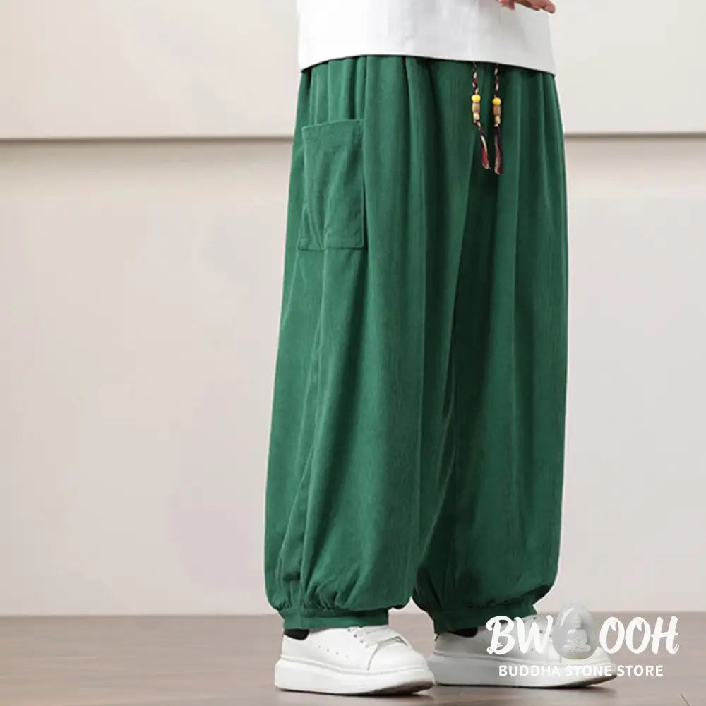 Buddha Stones Solid Color Corduroy Drawstring Men’s Harem Pants With Pockets - Men’s Harem Pants