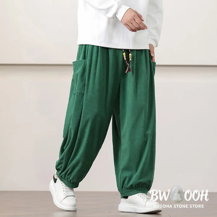 Buddha Stones Solid Color Corduroy Drawstring Men’s Harem Pants With Pockets - Men’s Harem Pants