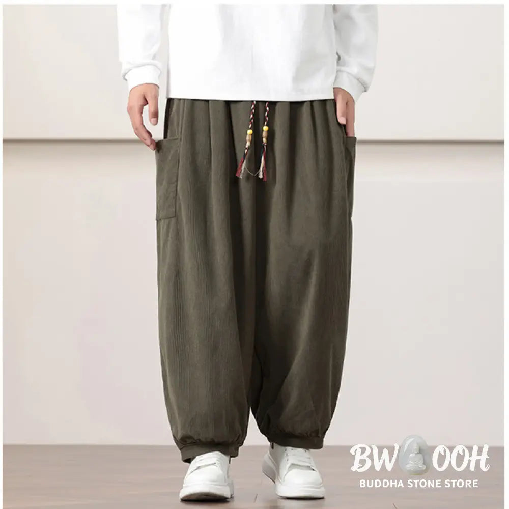 Buddha Stones Solid Color Corduroy Drawstring Men’s Harem Pants With Pockets - Men’s Harem Pants
