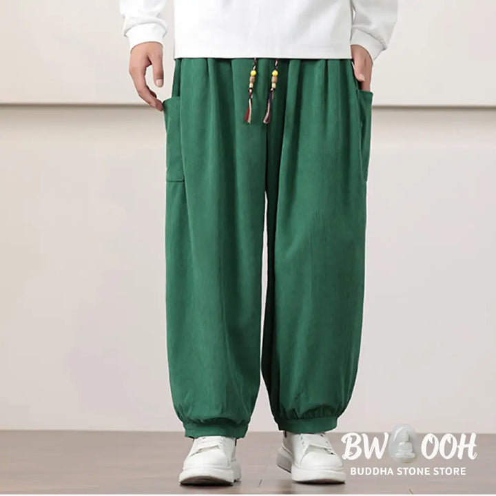 Buddha Stones Solid Color Corduroy Drawstring Men’s Harem Pants With Pockets - Men’s Harem Pants