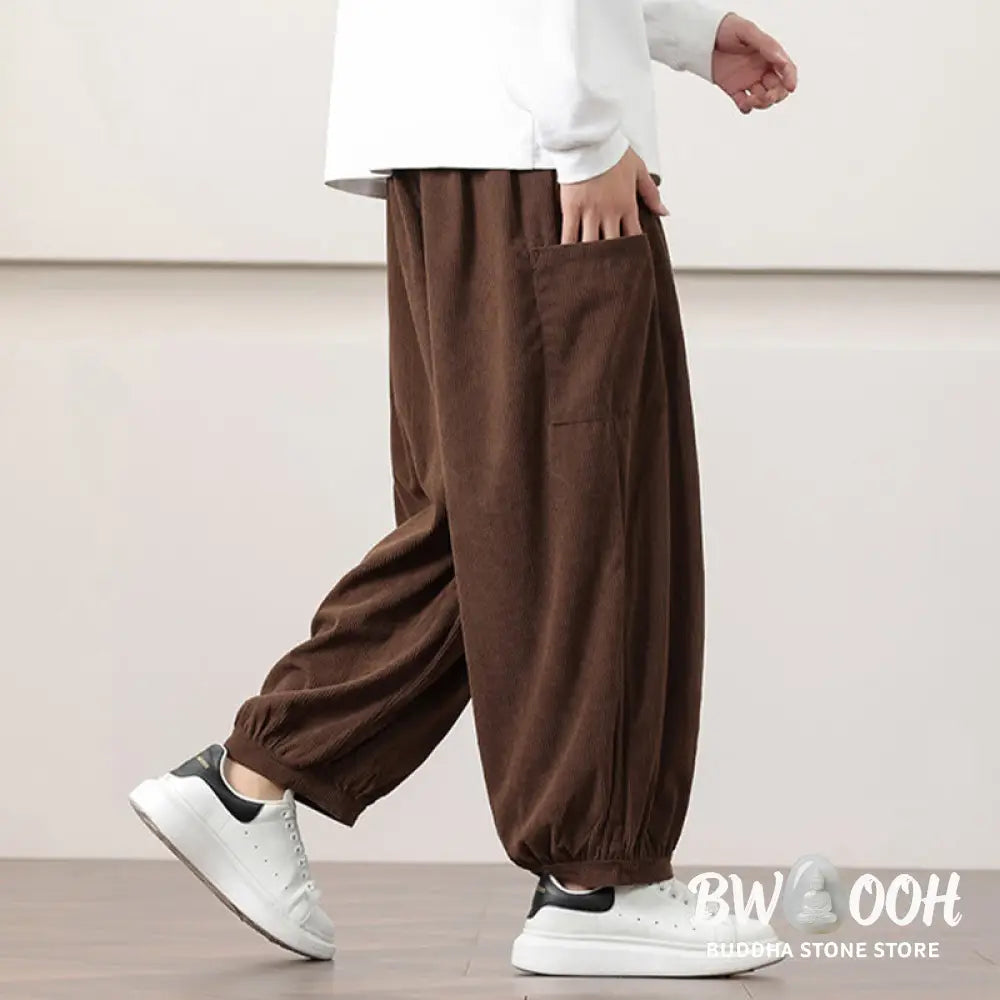 Buddha Stones Solid Color Corduroy Drawstring Men’s Harem Pants With Pockets - Men’s Harem Pants