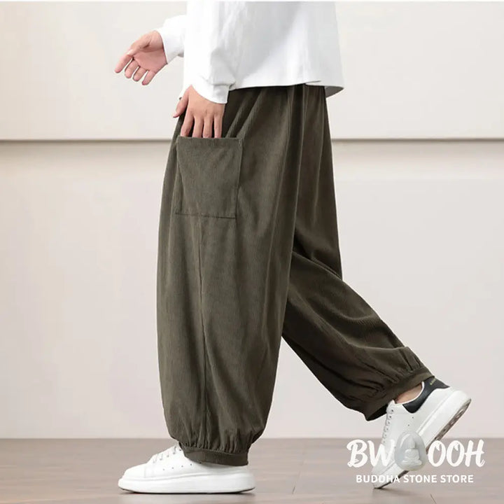 Buddha Stones Solid Color Corduroy Drawstring Men’s Harem Pants With Pockets - Men’s Harem Pants