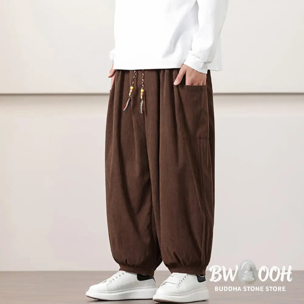 Buddha Stones Solid Color Corduroy Drawstring Men’s Harem Pants With Pockets - Men’s Harem Pants