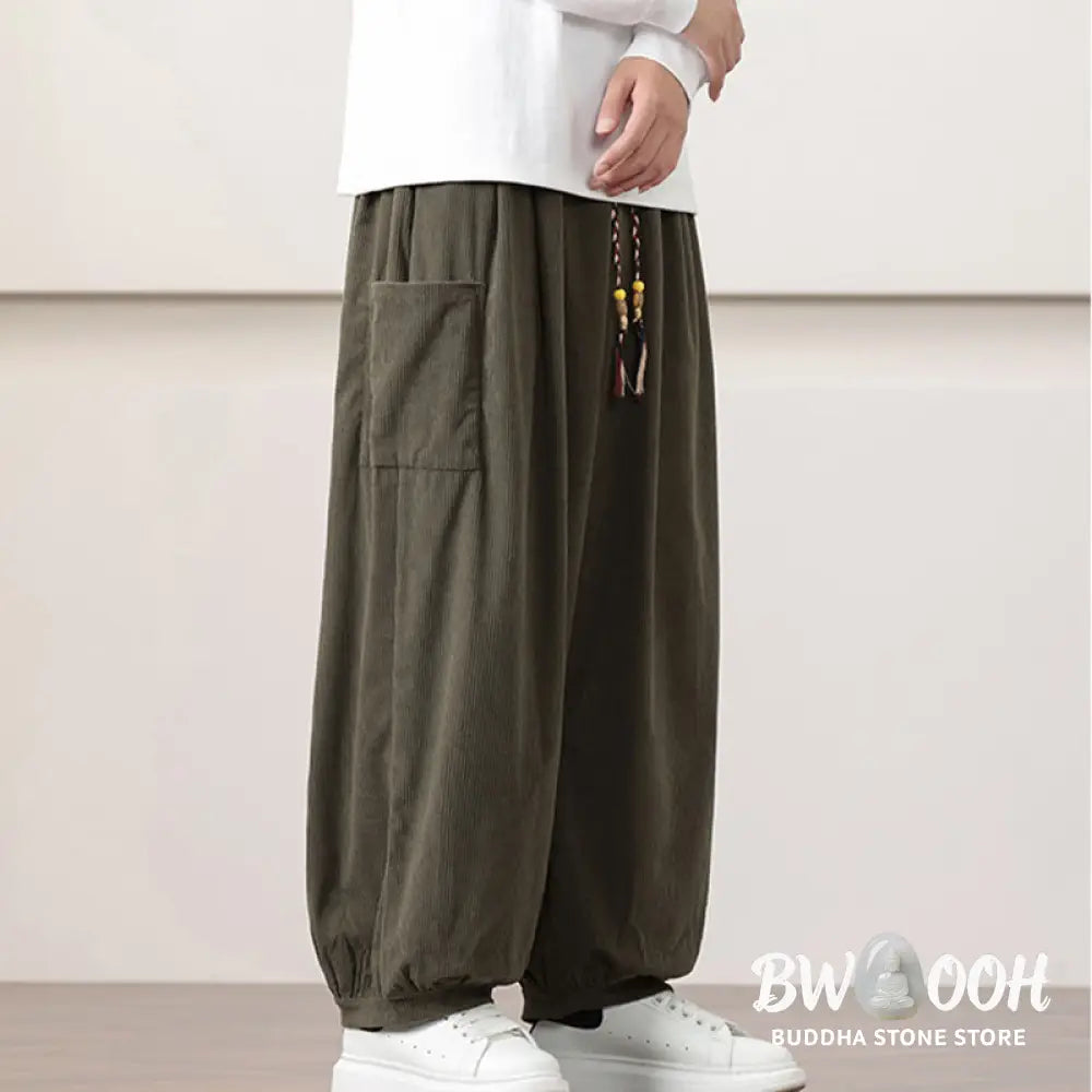 Buddha Stones Solid Color Corduroy Drawstring Men’s Harem Pants With Pockets - Men’s Harem Pants