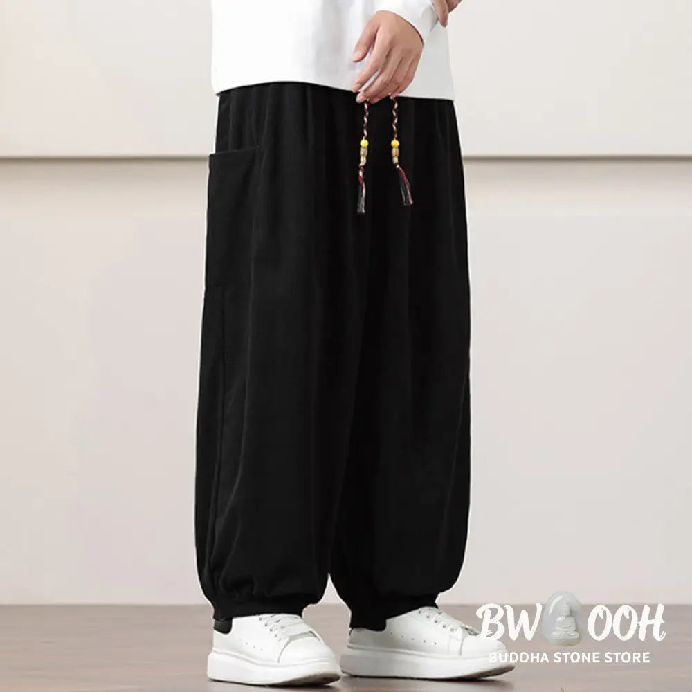 Buddha Stones Solid Color Corduroy Drawstring Men’s Harem Pants With Pockets - Men’s Harem Pants