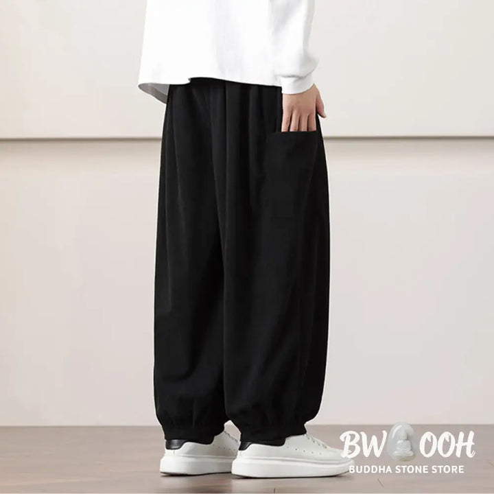 Buddha Stones Solid Color Corduroy Drawstring Men’s Harem Pants With Pockets - Men’s Harem Pants