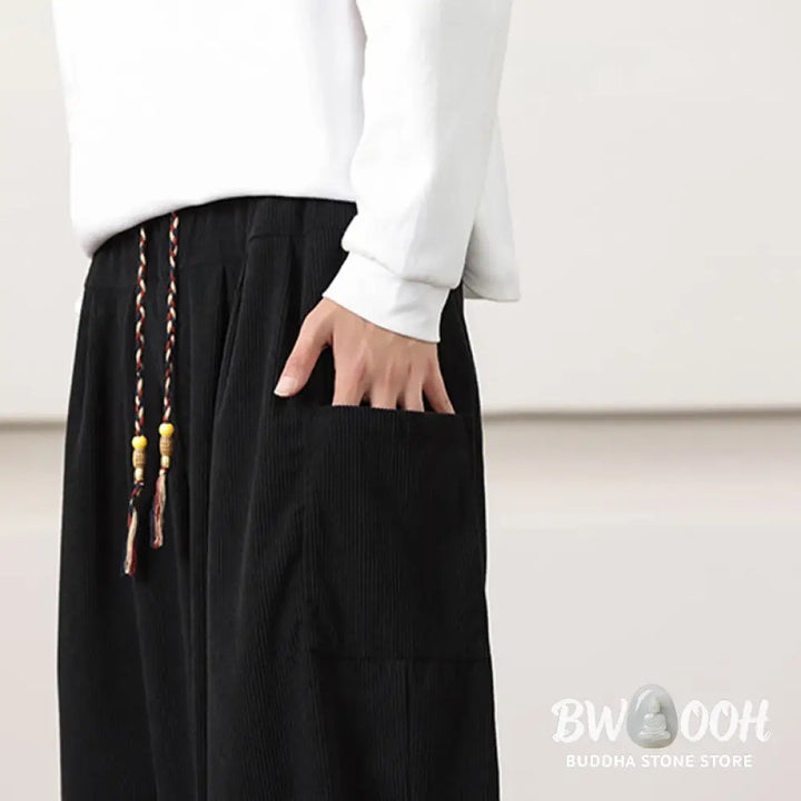Buddha Stones Solid Color Corduroy Drawstring Men’s Harem Pants With Pockets - Men’s Harem Pants