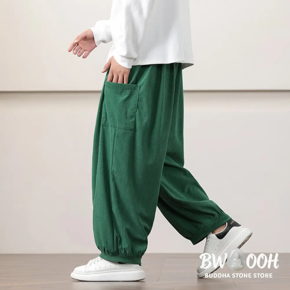 Buddha Stones Solid Color Corduroy Drawstring Men’s Harem Pants With Pockets - Men’s Harem Pants