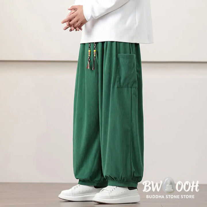 Buddha Stones Solid Color Corduroy Drawstring Men’s Harem Pants With Pockets - Men’s Harem Pants
