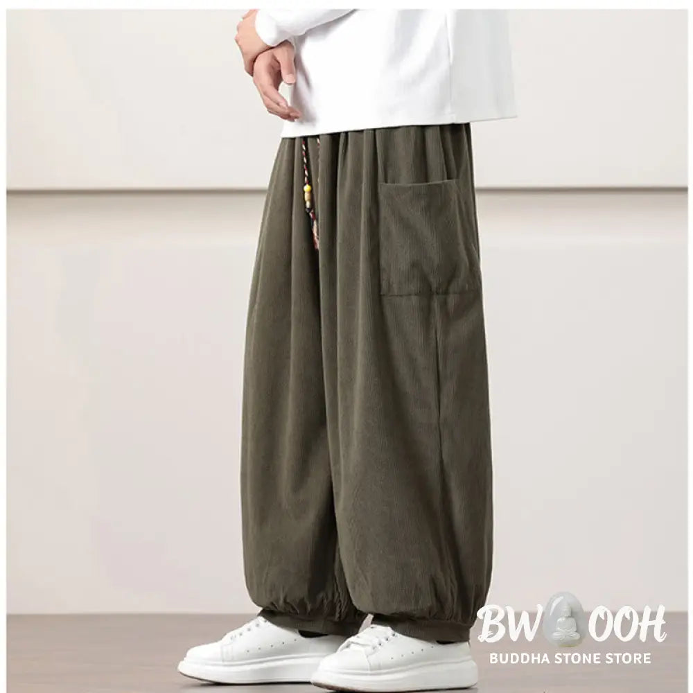 Buddha Stones Solid Color Corduroy Drawstring Men’s Harem Pants With Pockets - Men’s Harem Pants