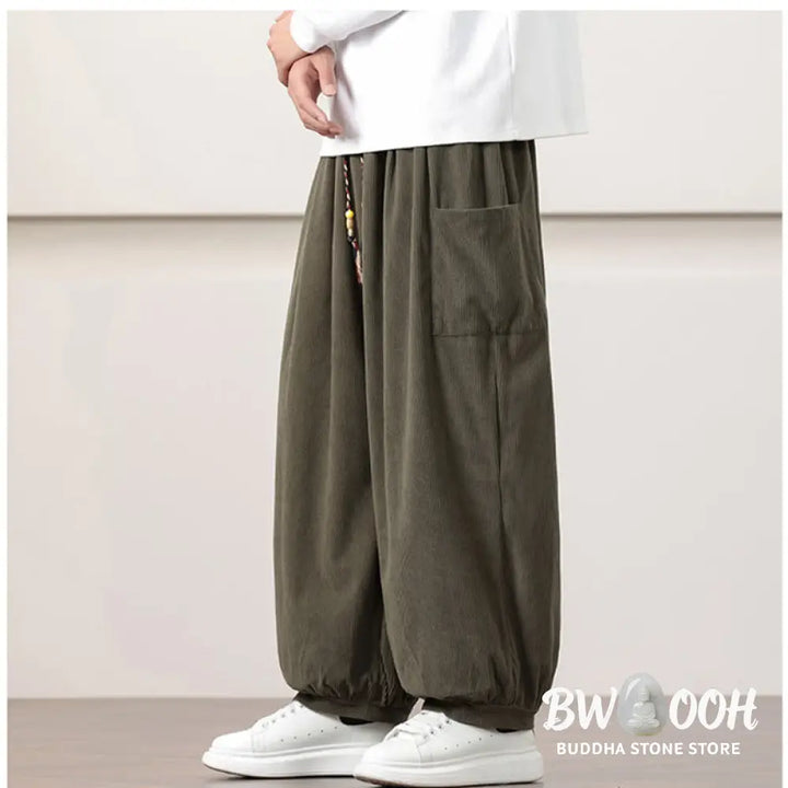 Buddha Stones Solid Color Corduroy Drawstring Men’s Harem Pants With Pockets - Men’s Harem Pants