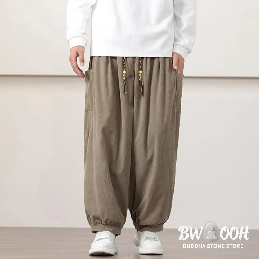 Buddha Stones Solid Color Corduroy Drawstring Men’s Harem Pants With Pockets - Men’s Harem Pants