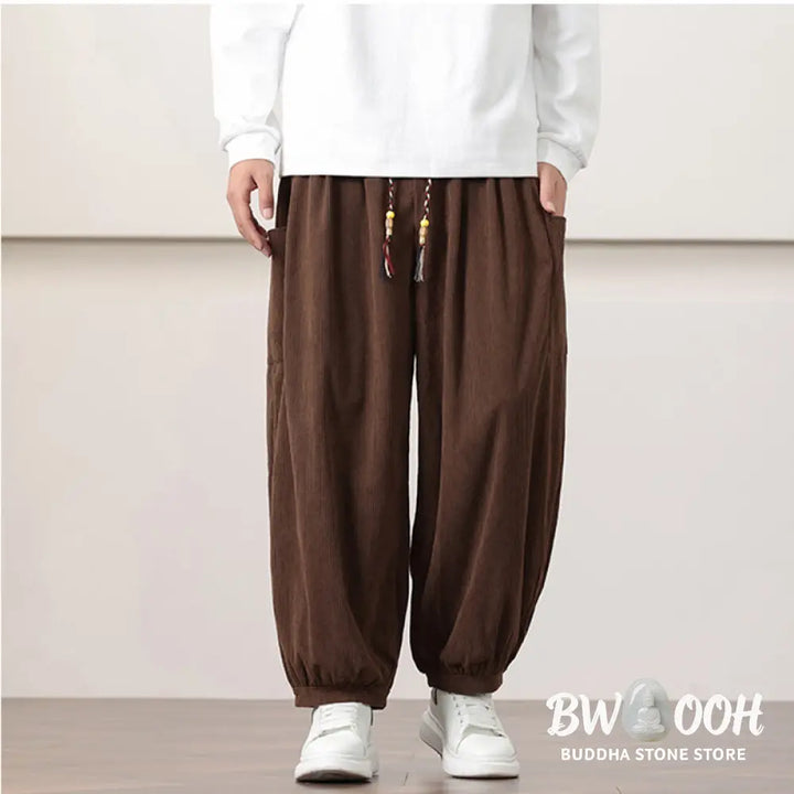Buddha Stones Solid Color Corduroy Drawstring Men’s Harem Pants With Pockets - Men’s Harem Pants