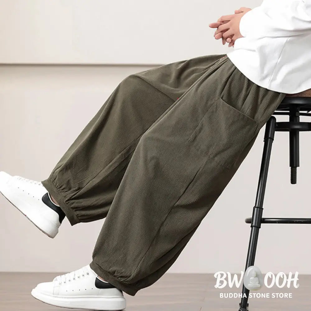 Buddha Stones Solid Color Corduroy Drawstring Men’s Harem Pants With Pockets - Men’s Harem Pants